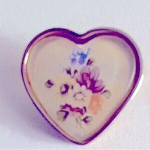 Vintage heart-shaped pin, reverse painted pastel flower bouquet goldtone setting